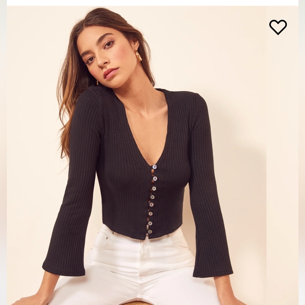 Reformation Black Ribbed Button-Front Cardigan